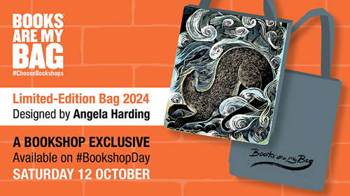 Orange banner featuring this year's Limited-Edition Bag designed by Angela Harding with a design inspired by the scenic landscape of Shetland and its iconic otters. The text says: Pre-order now Limited-Edition Bag 2024 Designed by Angela Harding A BOOKSHOP EXCLUSIVE Available on #BookshopDay Saturday 12 October