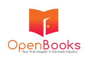 OpenBooks logo. The logo shows a book with a door open and the text says "OpenBooks - Your first chapter in the book industry". The logo is in orange/red ombré .